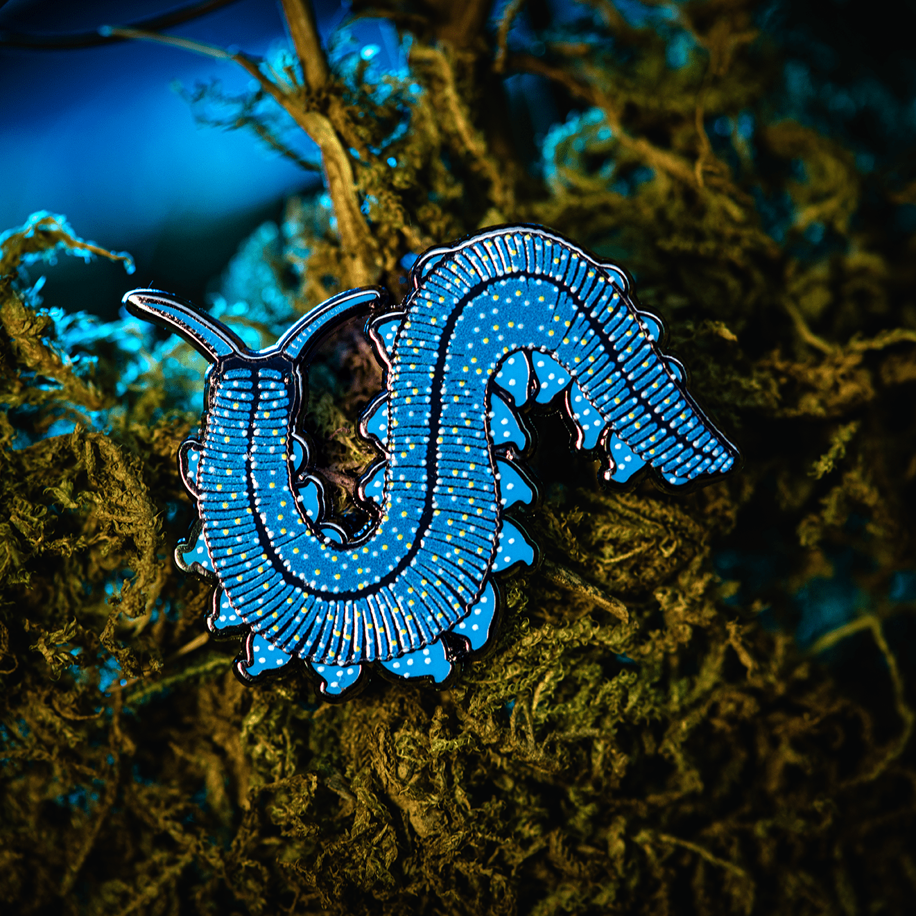 Tropical Blue Velvet Worm Enamel Pin by The Roving House