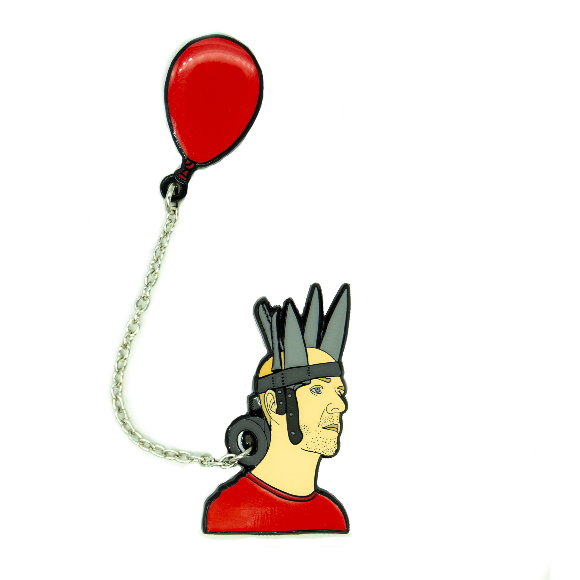 jan hakon erichson enamel pin with Jan wearing a red shirt and crown of duct taped knives with a red balloon attatched to a chain goin through the duct tape roll.