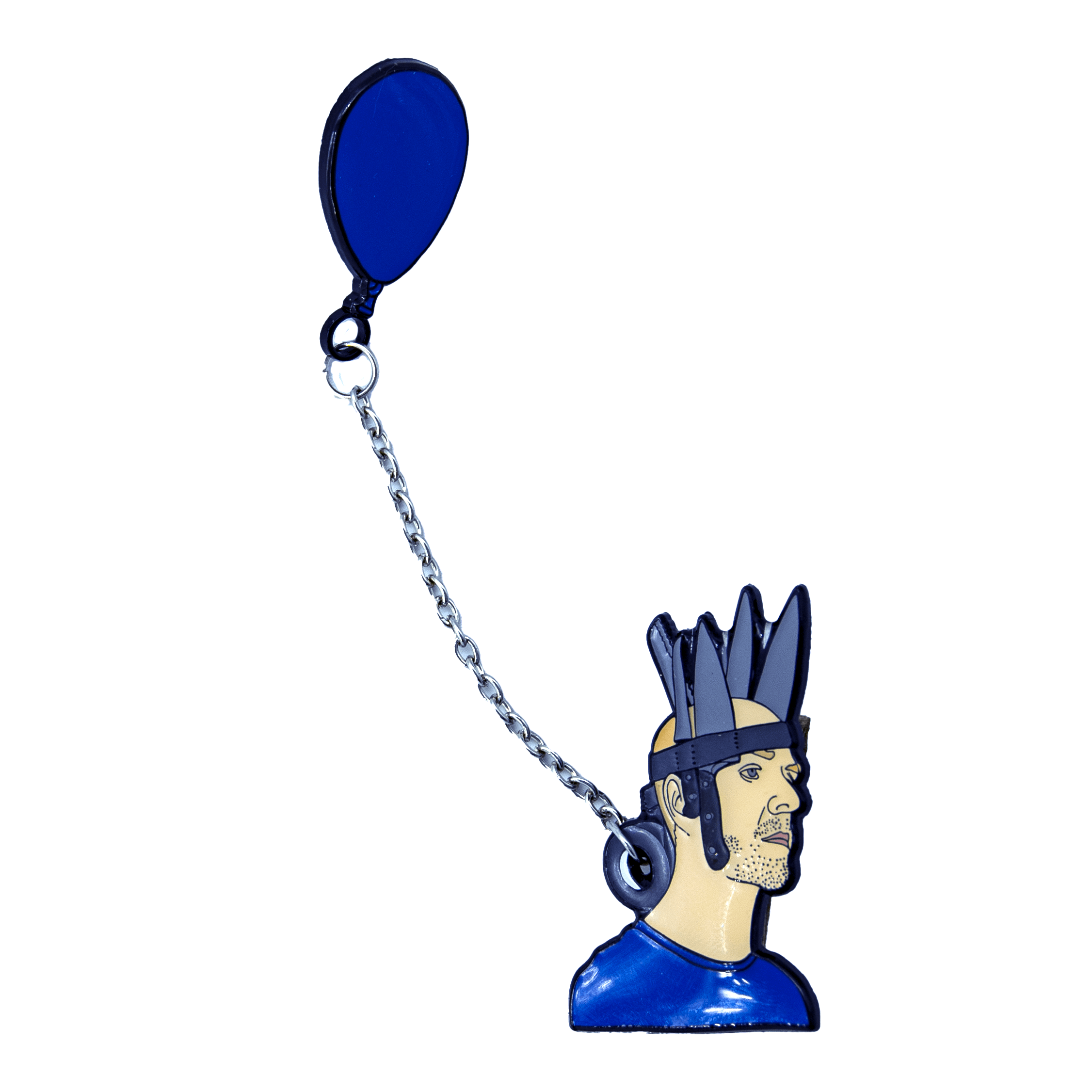 jan hakon erichson enamel pin with Jan wearing a blue shirt and crown of duct taped knives with a blue balloon attatched to a chain goin through the duct tape roll.