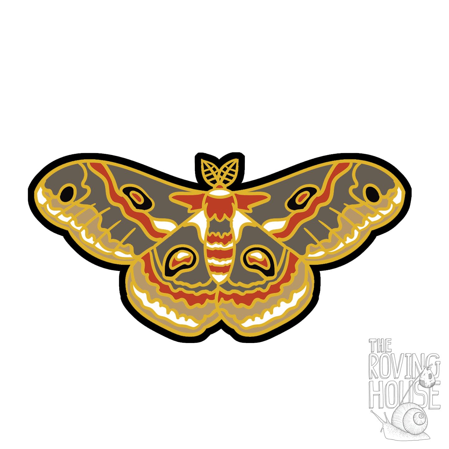 A brown, orange, black, grey, and white sticker of a robin moth (Hyalophora cecropia).