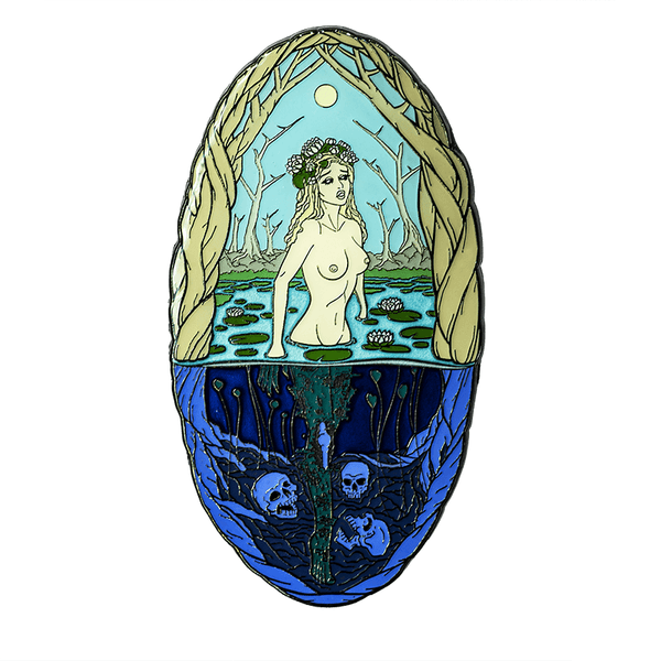 A large enamel pin of a mythological Rusalka in a swamp during the daytime, with the sun overhead. Above the water, she appears as a young, blonde, pale woman wearing water lilies in her hair. Below the water, her legs are green and zombie-like, and three skulls surround her feet.