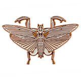 A white and copper enamel pin of an adult orchid mantis with wings and claws outstretched.