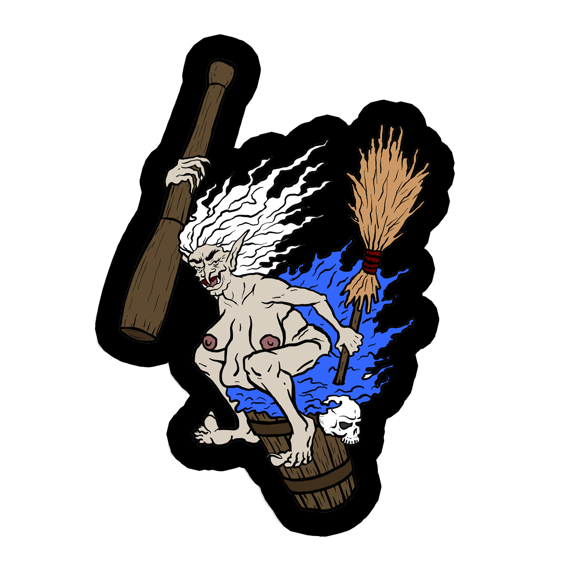A vinyl sticker of Baba Yaga the crone witch, riding her mortar and pestle with broom in hand. She has taken off her clothing and sits on it with a wicked smile. She has pale skin and white hair, and her discarded clothing is blue.