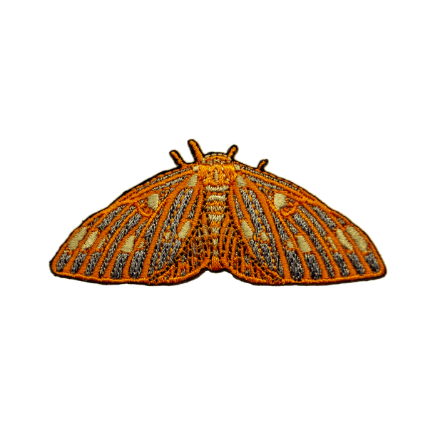 A fuzzy embroidered patch of Citheronia Regalis, the Regal moth, featuring bright orange and yellow colors.