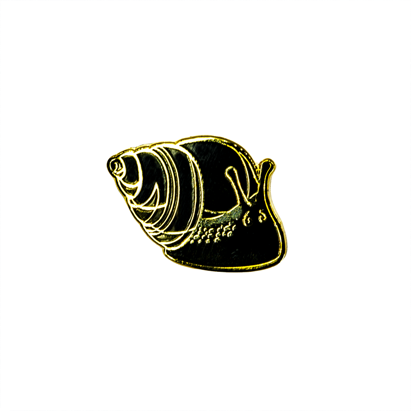A small black and gold snail pin, which is stylized but still displays realism. The snail has an inquisitive expression.