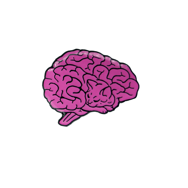 A soft enamel pin in the shape of a human brain. Upon closer inspection, the lines of the brain resemble a sleeping cat.