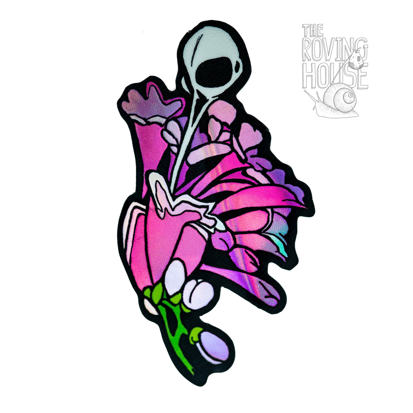 A holographic sticker of a black and white hummingbird skull sipping from pink and purple blossoms.