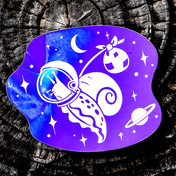Snail in Space Holographic Sticker by The Roving House