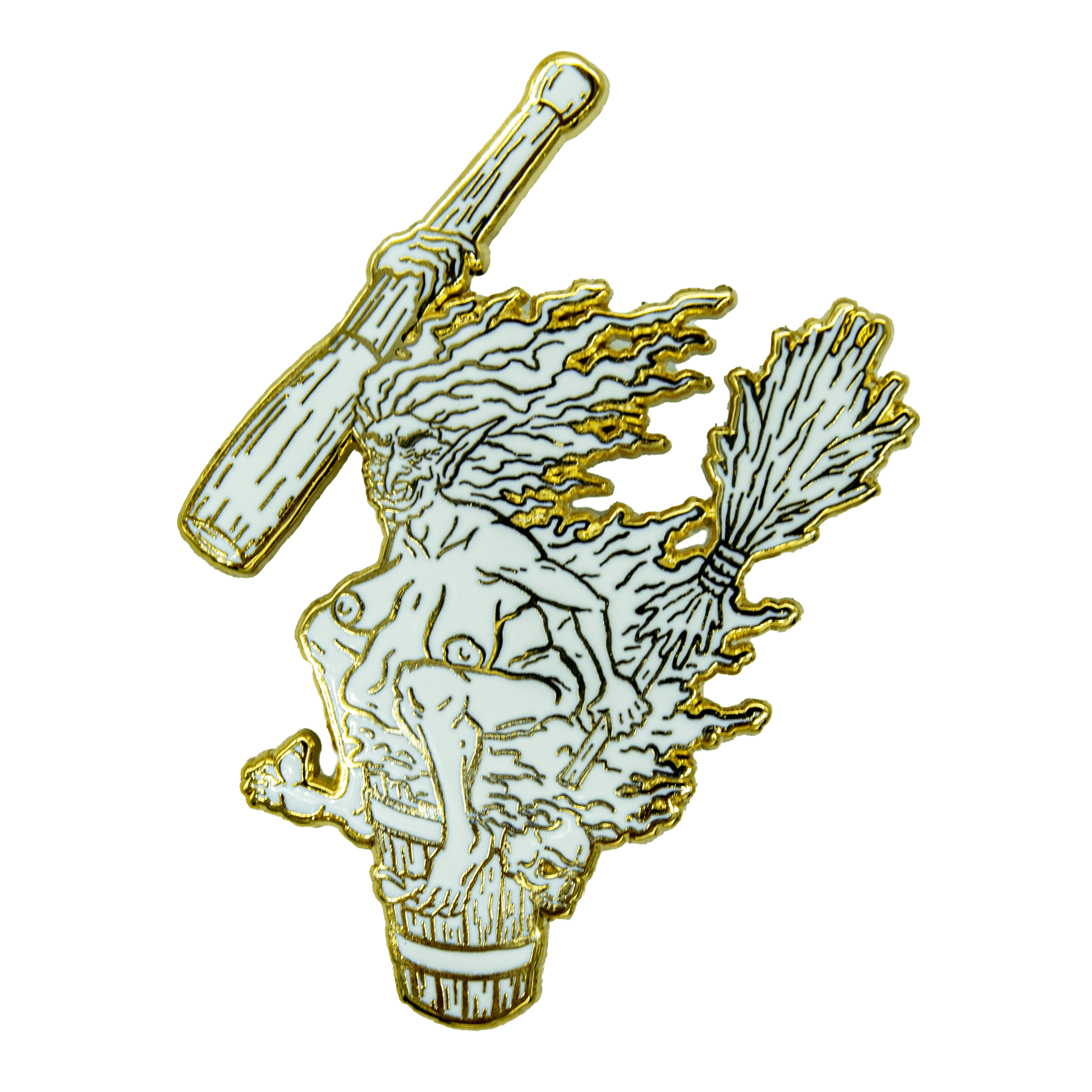 An enamel pin of Baba Yaga the crone witch, riding her mortar and pestle with broom in hand. She has taken off her clothing and sits on it with a wicked smile. The pin has a gold outline and all white fill.