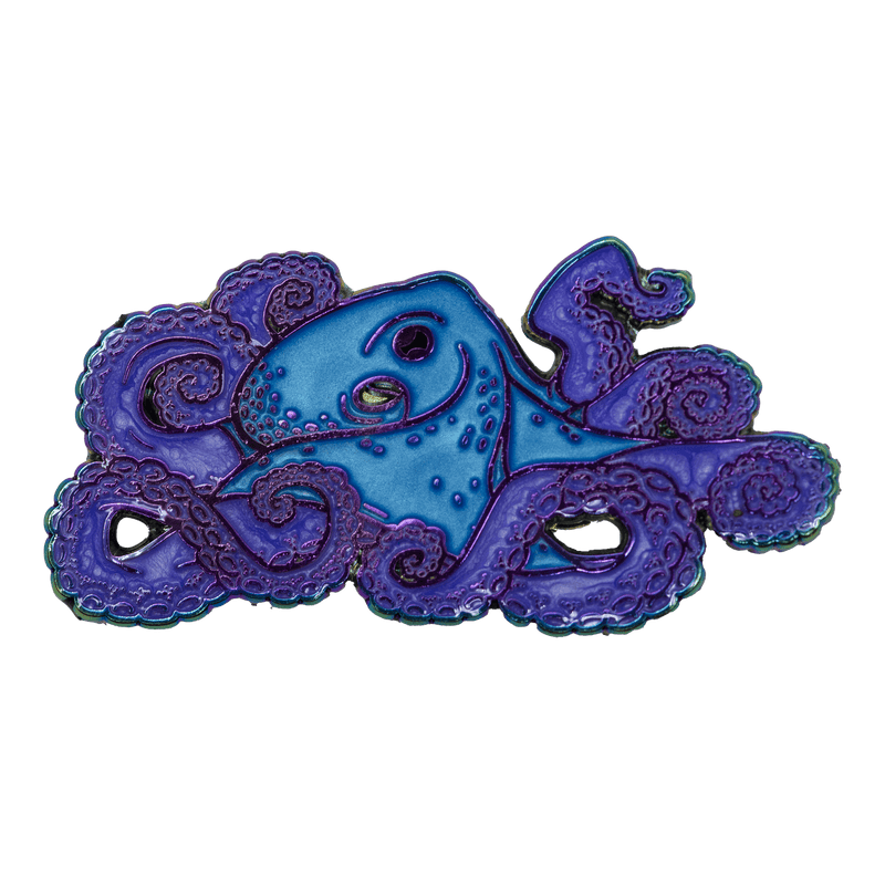 A large octopus enamel pin, featuring an anodized rainbow metal outline and shimmering, pearlescent blue and purple fill.