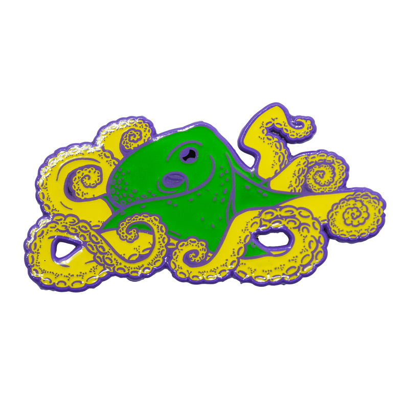 A large octopus enamel pin, featuring a neon violet outline and neon green and yellow fill. 