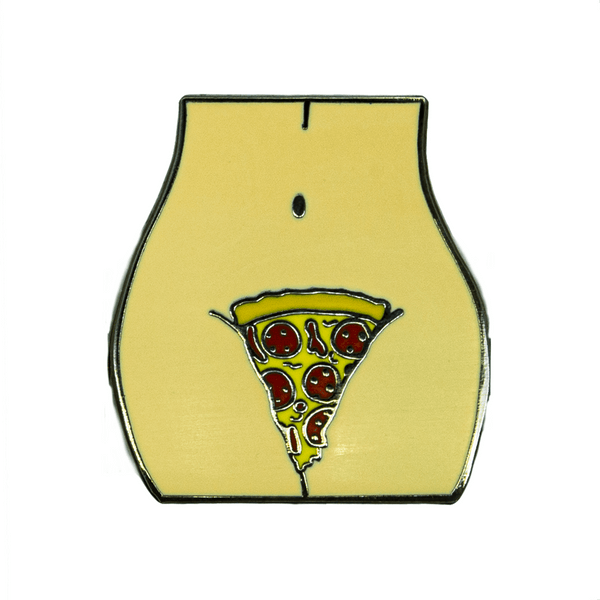 An enamel pin of a feminine  torso with a slice of pizza covering the pubic area. 