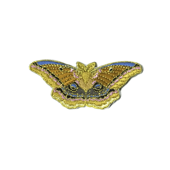A small embroidered patch of the colorful polyphemus moth.