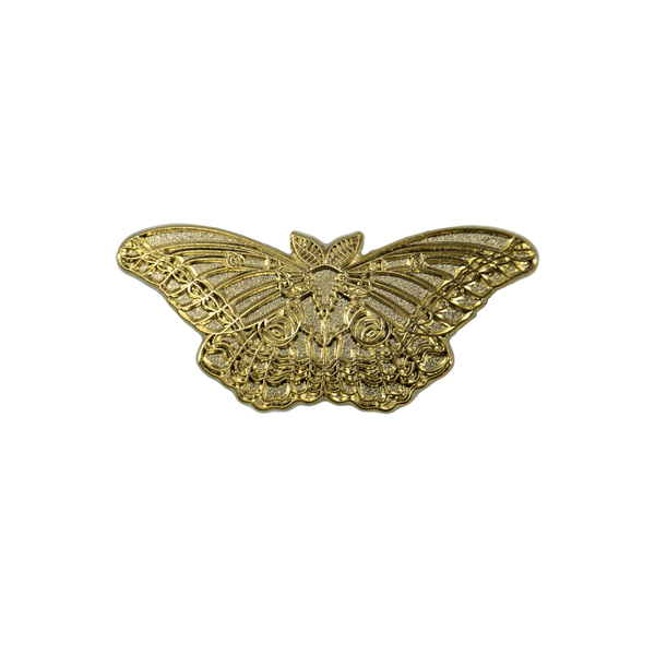 A raw metal gold plated pin of the polyphemus moth, Antheraea polyphemus.