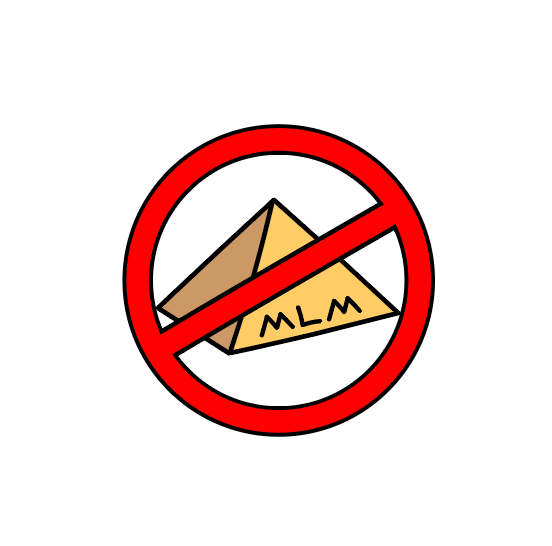 A sticker featuring a red circle and slash over a tan pyramid, which reads "MLM".