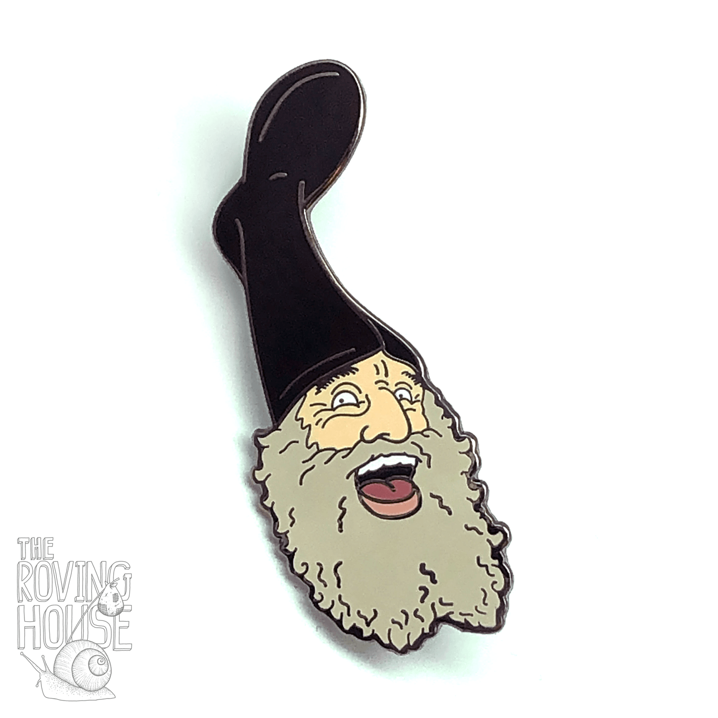 An enamel pin resembling Vermin Supreme, the bearded man with a boot on his head.